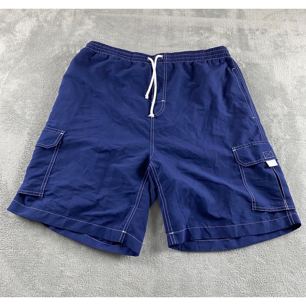 Surf Ave Mens XL Navy Blue Cargo‎ Swim Trunks Mesh Lined Contrast Stitch Shorts